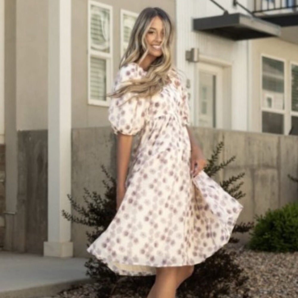 Polagram Floral Midi Dress in Cream and Purple